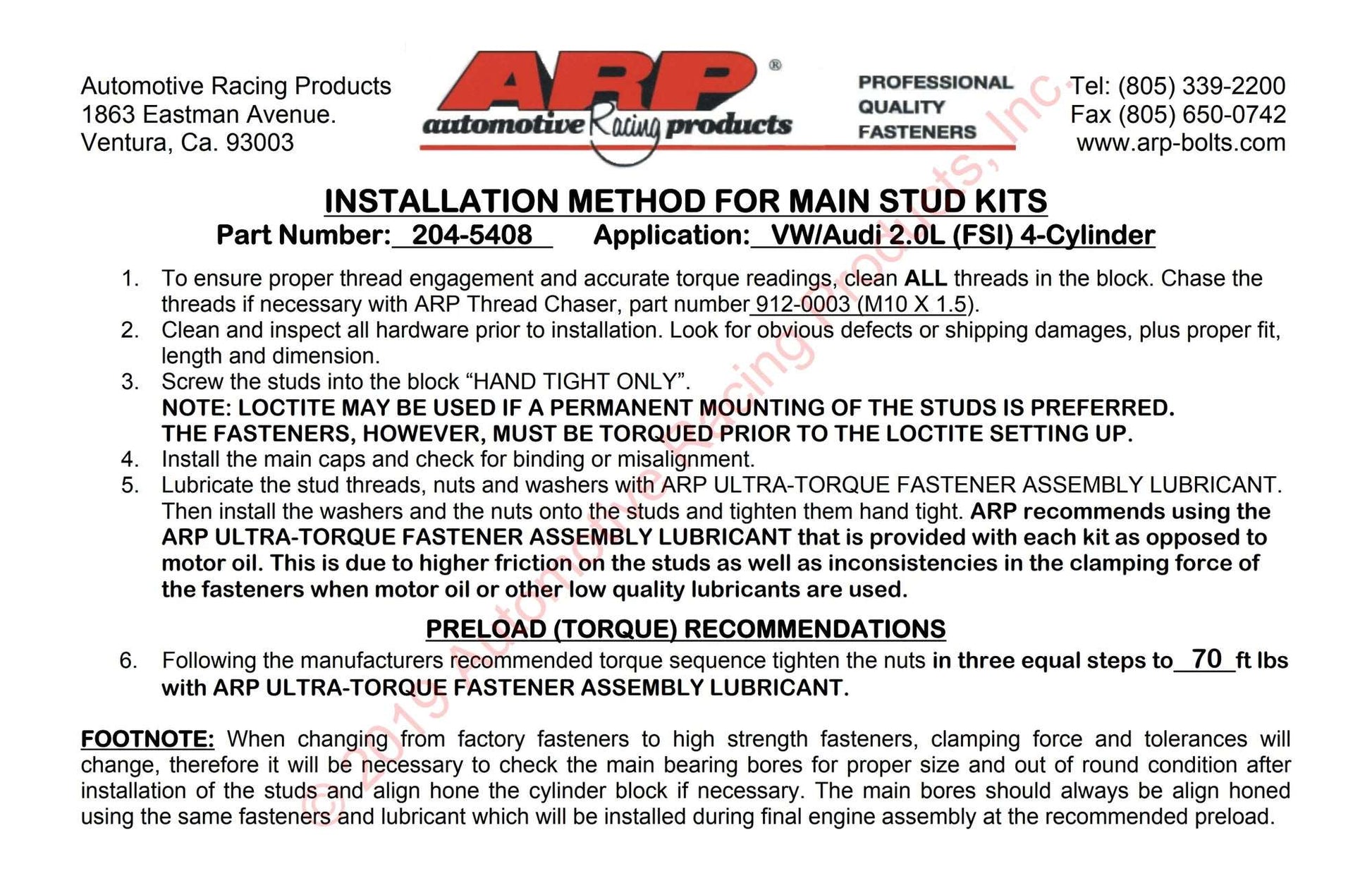 ARP EA888 Gen1/2/3/ EA113 Main Stud Kit VW/Audi 2.0L (FSI) 4-Cylinder Kit