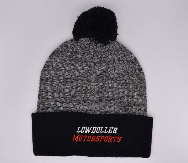 Grey/Black Lowdoller Motorsports Pom Pom Beanie - Image 2
